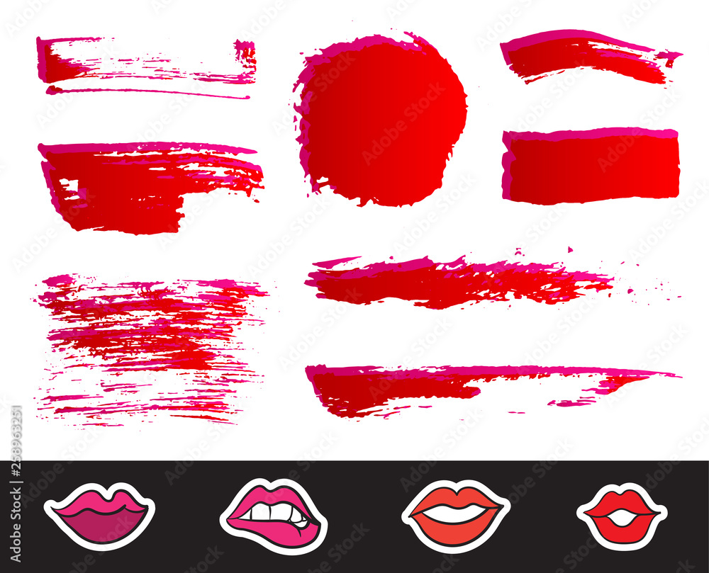 Red Lipstick Smears Set. Texture brush strokes isolated on white background. Make up. Vector illustration. Red Lipstick Smears Set. Texture brush strokes isolated on white background. Make up. Vector illustration.
