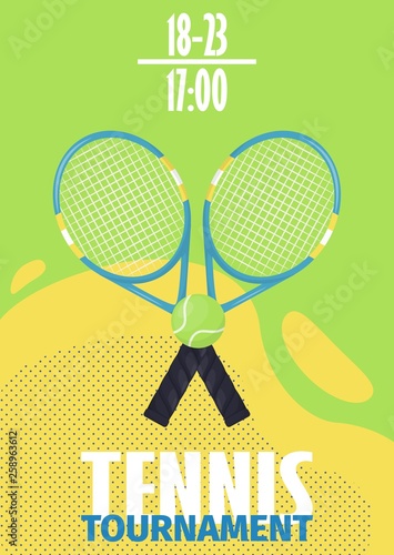 Tennis tournament poster with tennis ball shield flyer template vector illustration design. Sport championship tennis ball racket equipment template.