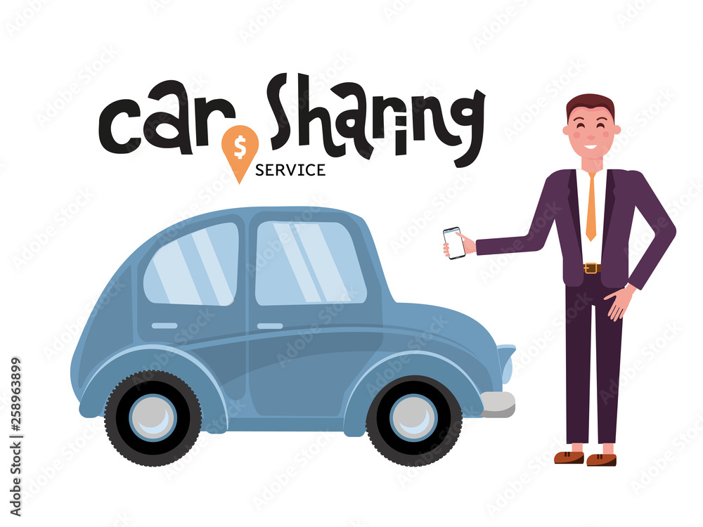 Online carsharing. Businessman books car by app on mobile phone.  Transportation service online. Travel concept. Lettering car sharing   person fore the  flat cartoon illustration Stock  Vector | Adobe Stock