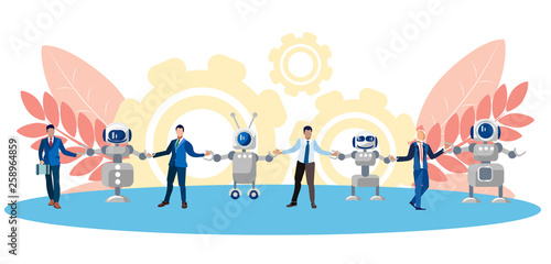 Metaphor of friendship, cooperation of people and technology. Chain of human and robots. In minimalist style. Flat isometric