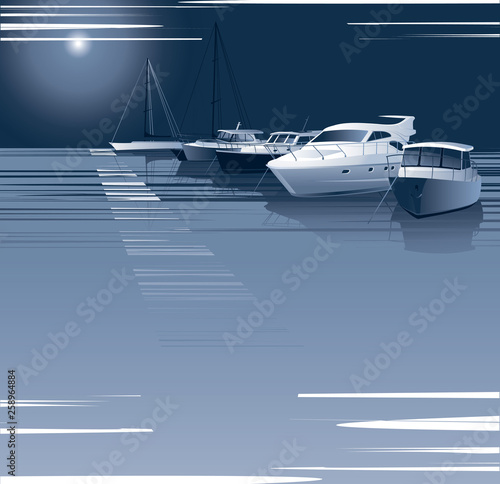 Yachts, boats and boats on the sea at night.