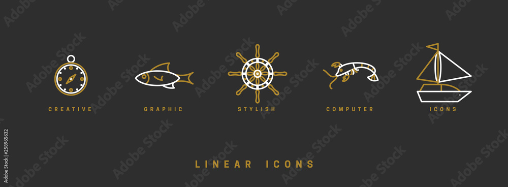 Set of vector, nautical icons. Linear illustrations