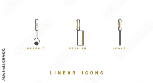 Icons Kitchen tool in linear style. set icon cutlery vector graphics