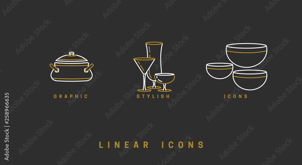 A set of vector images of dishes, tools, isolated in a linear style, icons. A set of vector images of dishes, tools, isolated in a linear style, icons.