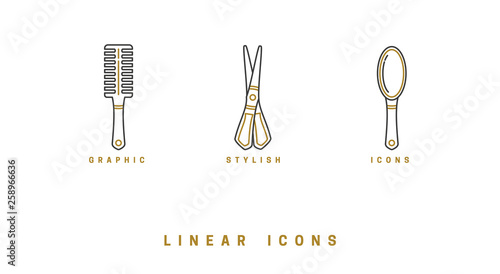 Icons barbershop in linear style. set of tools for hair care, comb brush, scissors. hairbrush icon vector graphics