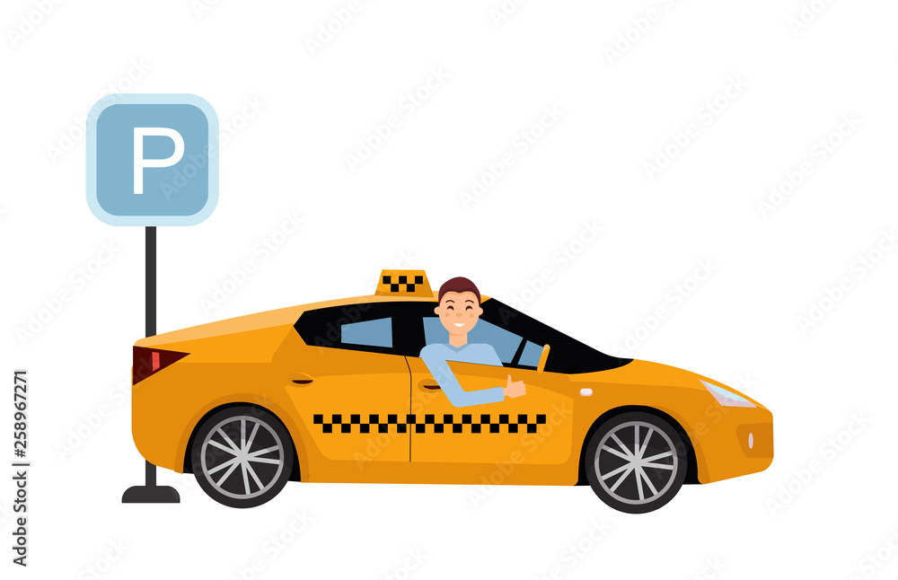 Fototapeta premium Smiling young taxi driver inside his car.Taxi service on parking lot. Friendly taxi driver at the wheel of car. Side view of Right-hand drive car.Vector flat cartoon illustration on white background