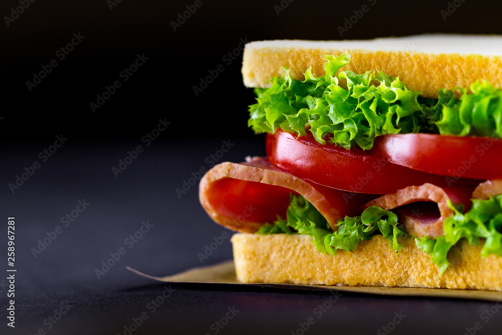 Sandwich with ham and fresh vegetables close up on dark background. Copy space Sandwich with ham and fresh vegetables close up on dark background. Copy space