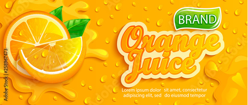 Fresh orange juice splash banner with apteitic drops from condensation, fruit slice on gradient orange background for brand,logo, template,label,emblem,store,packaging,advertising.Vector illustration