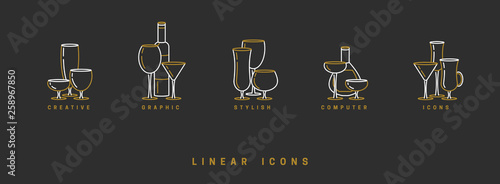 set icon wine glasses and bottle in linear style