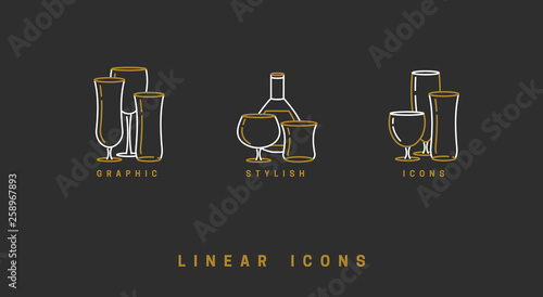 set icon wine glasses and bottle in linear style