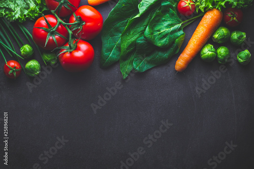 Ripe vegetables for cooking fresh healthy dishes. Proper nutrition, clean balanced food. Diet concept. Copy space
