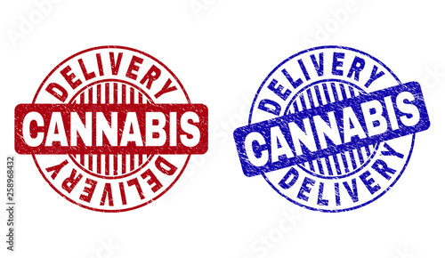 Grunge DELIVERY CANNABIS round stamp seals isolated on a white background. Round seals with distress texture in red and blue colors.