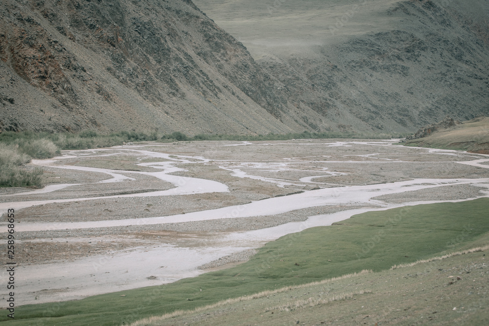 dry mountain river flowing brook. Cloudy sky. Concept of vacation in the mountains. Gloomy tones. Altai, Siberia, Russia. dry mountain river flowing brook. Cloudy sky. Concept of vacation in the mountains. Gloomy tones. Altai, Siberia, Russia.