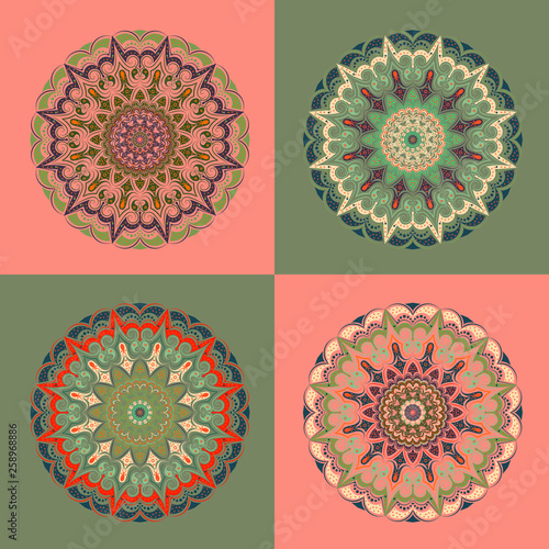 Set - four mandalas, pink-green background, symmetrical round patterns in warm shades: beige, brown, green. Room design, fashionable fabric, a symbol of harmony, national motives.