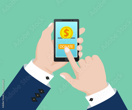 Donate online concept. Gold coin and donate button on smartphone screen. Human hand holding smartphone. Vector illustration in flat design