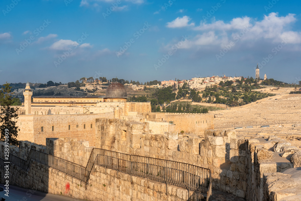 View of Temple Mount and fortress wall in Jerusalem Old Town, Israel.