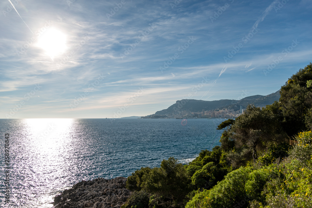 Sunlight reflected on the sea of Cap Martin in a sunny winter day
