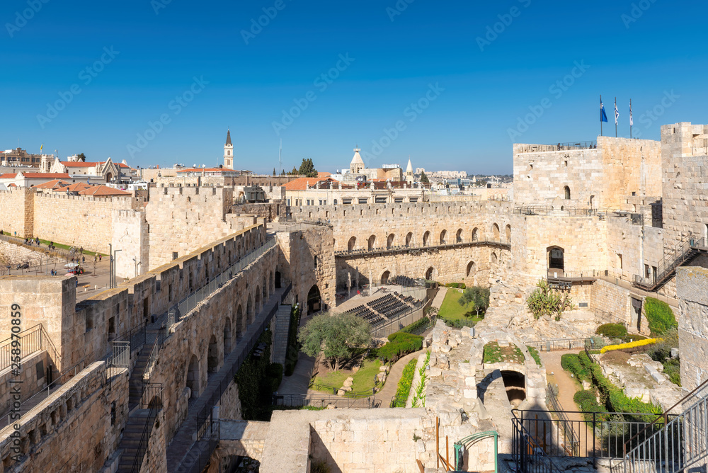 David's tower and Jerusalem Old City at sunny day, Jerusalem, Israel 