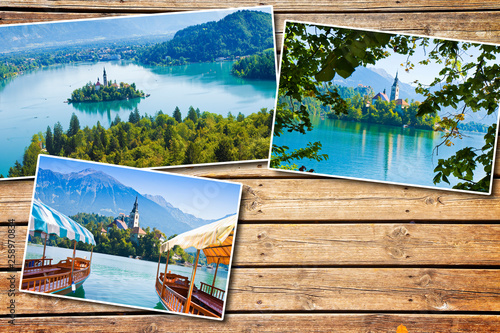 Bled lake, the most famous lake in Slovenia with the island of the church (Europe - Slovenia) - Postards concept on colored wooden background © Francesco Scatena