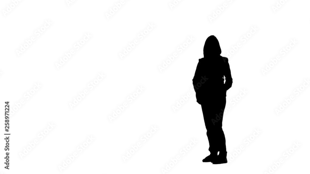 Girl gets a comb from her backpack and combs. Silhouette. White background. Side view Girl gets a comb from her backpack and combs. Silhouette. White background. Side view