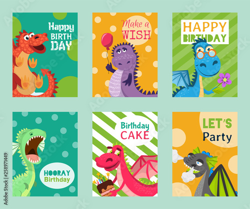 Baby dragons set of birthday or invitation cards or banners vector illustration. Cartoon funny little sitting dragons with wings. Fairy dinosaurs with cake, baloon, flower. Make a wish, hooray.