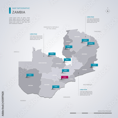 Zambia vector map with infographic elements  pointer marks.