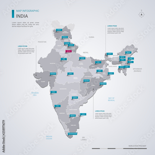 India vector map with infographic elements, pointer marks.