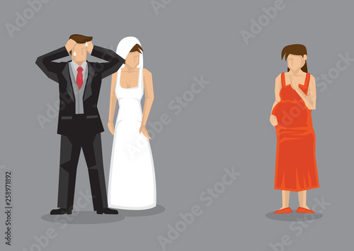 Bridegroom Feeling Stressed Confronted by Pregnant Girlfriend Cartoon Vector Illustration