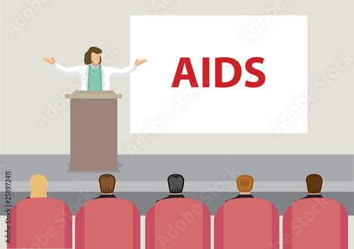 Medical Professional Speaker on Stage Giving Speech About AIDS Vector Cartoon Illustration