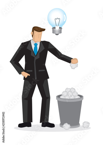 Cartoon businessman throw papers into office trashbin with a unlighted bulb. Concept of no idea for his business.
