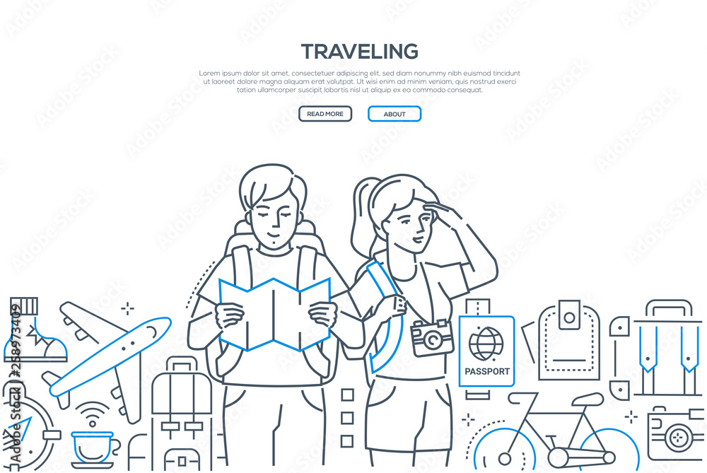 Traveling - line design style vector web banner Traveling - line design style vector web banner