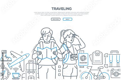 Traveling - line design style vector web banner