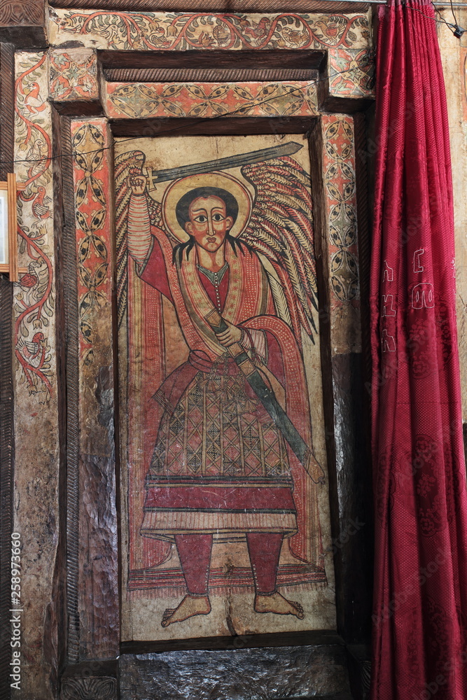 TIGRAY, ETHIOPIA - February 25, 2019: iconographic scenes and wall murals of saints painted in Selassie Chelokot church