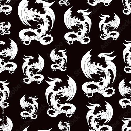 dragon  different size  in black and white  pattern  black background