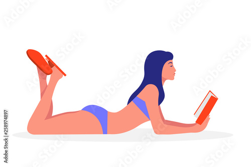 A woman in a swimsuit is lying and reading a book. Education and recreation. Female student on vacation. Vector flat illustration