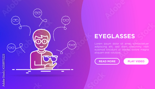 Eyeglasses shop concept: Man is trying on different eyeglasses. Gradient flat and thin line icons: sunglasses, sport glasses, rectangular, aviator. Modern vector illustration, web page template.