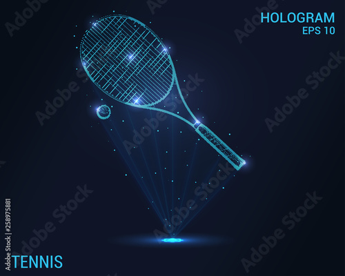 Tennis racket and ball hologram. Digital and technological tennis background. Futuristic tennis design.