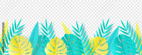 Vector illustration. Tropical Leaves in paper art style isolated on transparent background - floral seasonal decorative element.