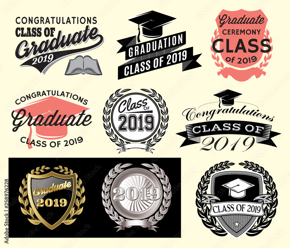 Obraz premium Graduation vector set Class of 2019 Congrats grad Congratulations Graduate