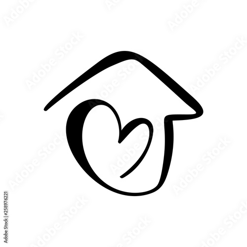 Simple Calligraphy House with heart. Real Vector Icon. Consept comfort and protection. Architecture Construction for home design. Art vintage hand drawn Logo element