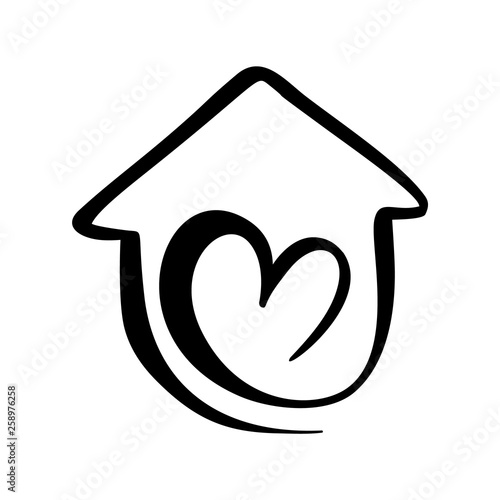 Simple Calligraphy House with heart. Real Vector Icon. Consept comfort and protection. Architecture Construction for design. Art home vintage hand drawn Logo element