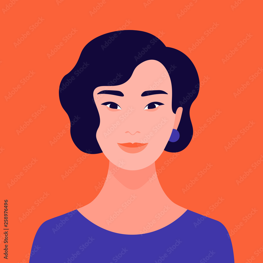 Portrait of a young Asian woman. The face of a foreign student. Diversity. Avatar Vector flat illustration Portrait of a young Asian woman. The face of a foreign student. Diversity. Avatar Vector flat illustration