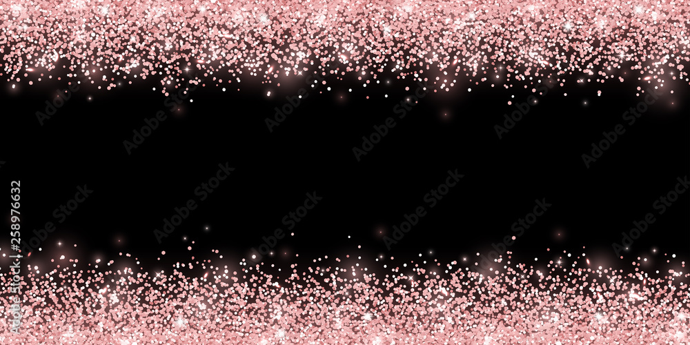 Rose gold glitter on black background, horizontal wide border. Vector