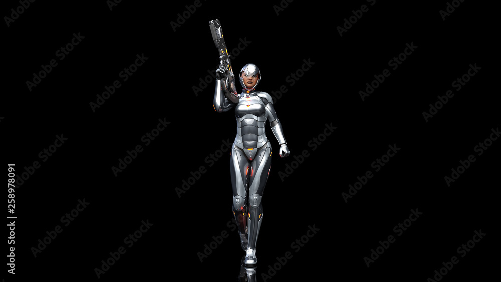 Futuristic android soldier woman in bulletproof armor, military cyborg girl armed with sci-fi rifle gun walking on black background, 3D rendering