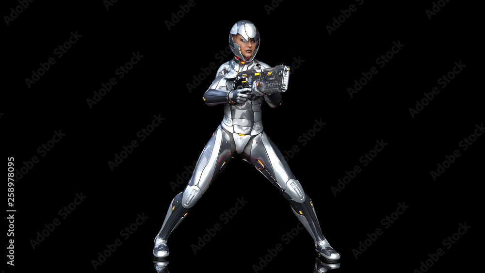 Futuristic android soldier woman in bulletproof armor, military cyborg girl armed with sci-fi rifle gun shooting on black background, 3D rendering Futuristic android soldier woman in bulletproof armor, military cyborg girl armed with sci-fi rifle gun shooting on black background, 3D rendering