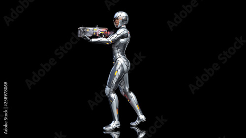 Futuristic android soldier woman in bulletproof armor, military cyborg girl armed with sci-fi rifle gun walking and shooting on black background, 3D rendering