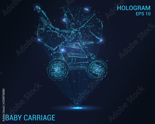 Baby carriage hologram. Digital and technological background of the stroller. Futuristic baby stroller design.