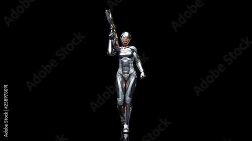 Futuristic android soldier woman in bulletproof armor, military cyborg girl armed with sci-fi rifle gun walking on black background, 3D rendering © freestyle_images