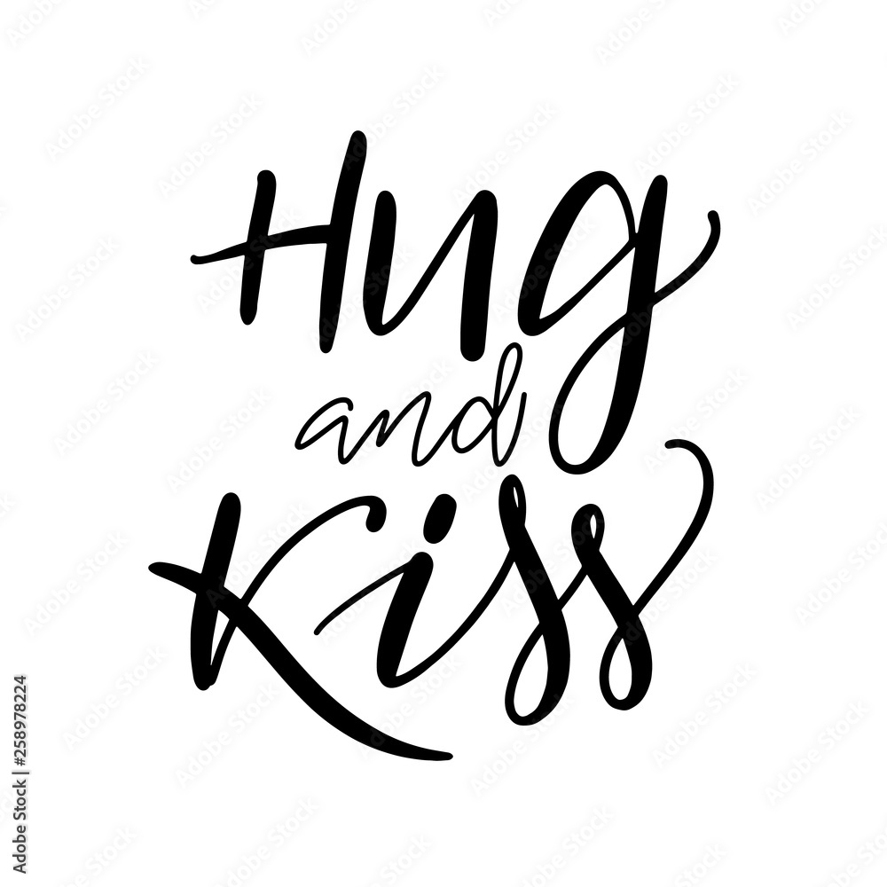 Postcard with a unique lettering hug and kiss for Valentines Day. Vector illustration with isolated elements Postcard with a unique lettering hug and kiss for Valentines Day. Vector illustration with isolated elements