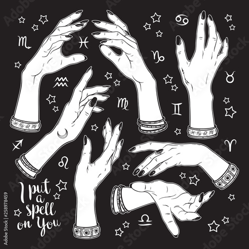 Hand drawn set of female witches hands in different poses. Flash tattoo, sticker, patch or print design vector illustration.